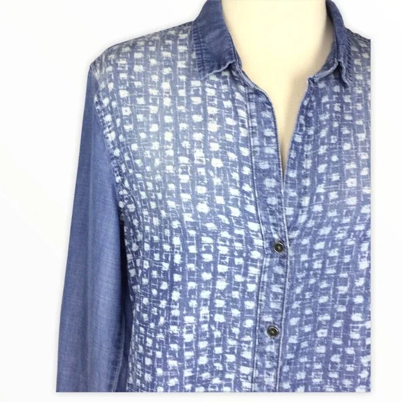 Cloth & Stone | Blue Chambray White Printed Long Sleeve Button Front Shirt S - Picture 2 of 7